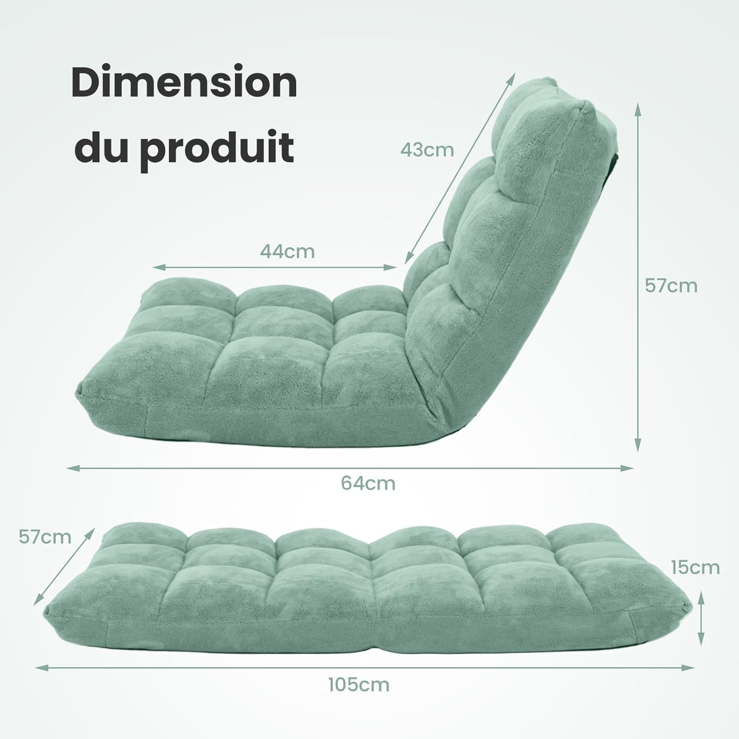Canapé Paresseux Tatami Pliable Chaise de Plancher Coussin de Chaise de Lit Siège de Sol pour Maison, Bureau 105 x 56 x 15 CM (Vert Clair) - 3