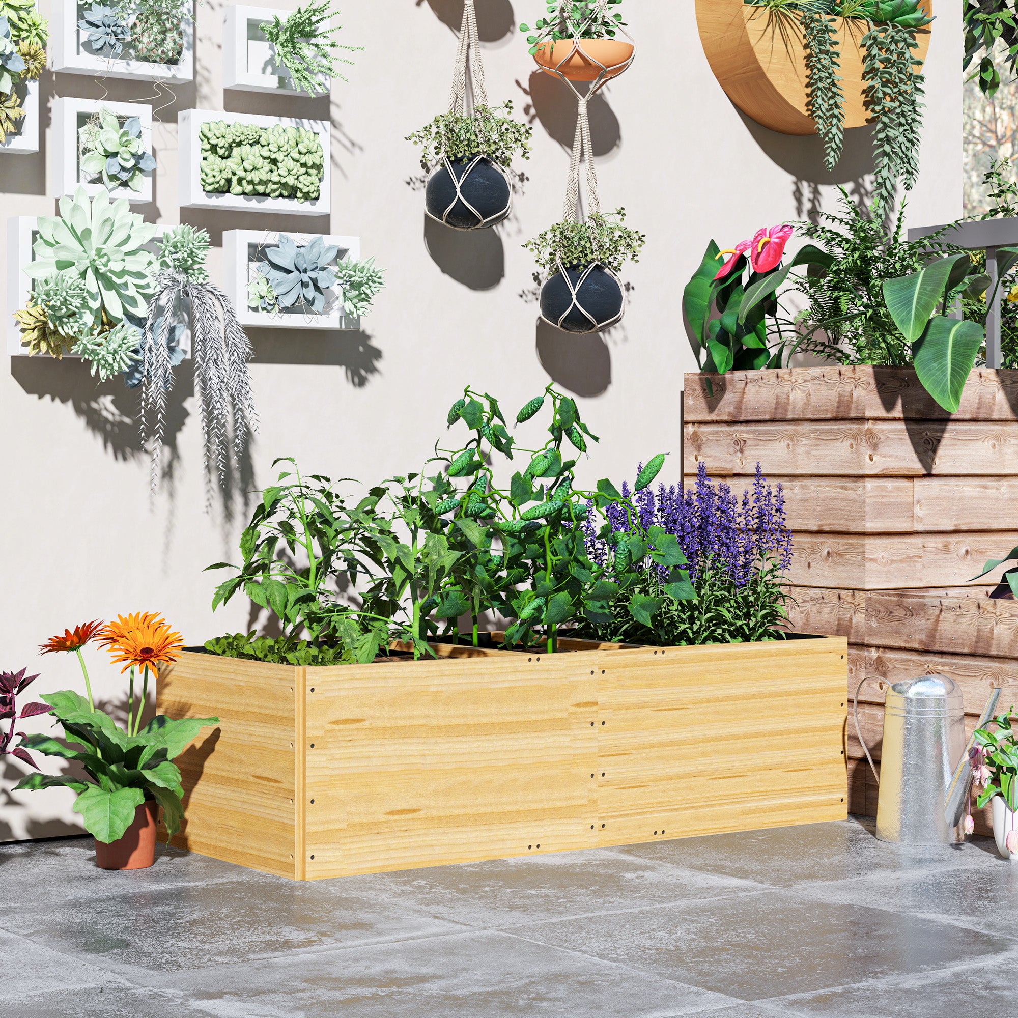 Potager surélevé en bois avec 3 zones de plantation, pour légumes, herbes aromatiques et fleurs, 140 x 60 x 40 cm - 4