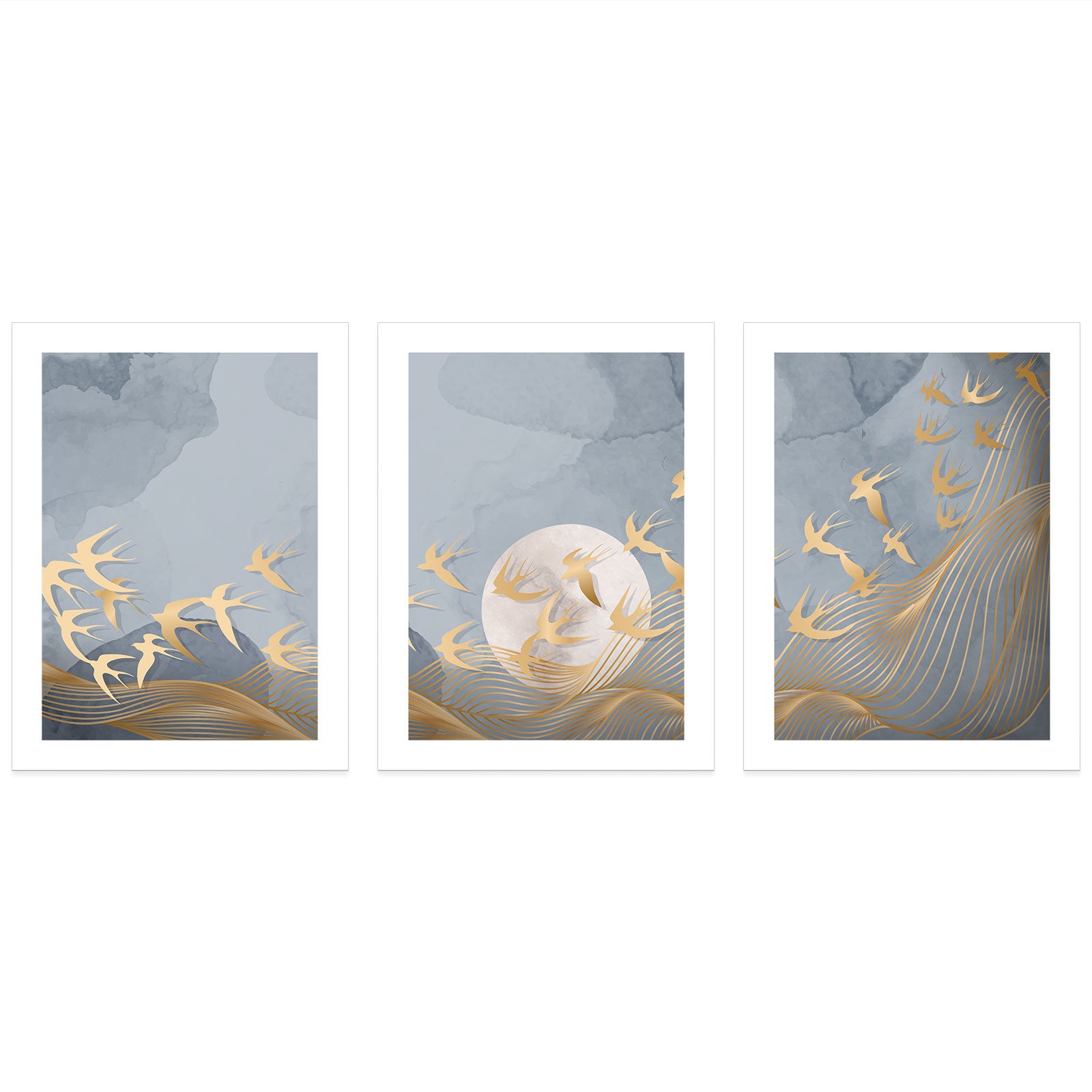 Lot de 3 Affiches / Posters Triptyque - Oiseaux lune 3617689690445 - Bordure noire - 3 Affiches - 21x29,7 cm (Cadres non fournis) - 3