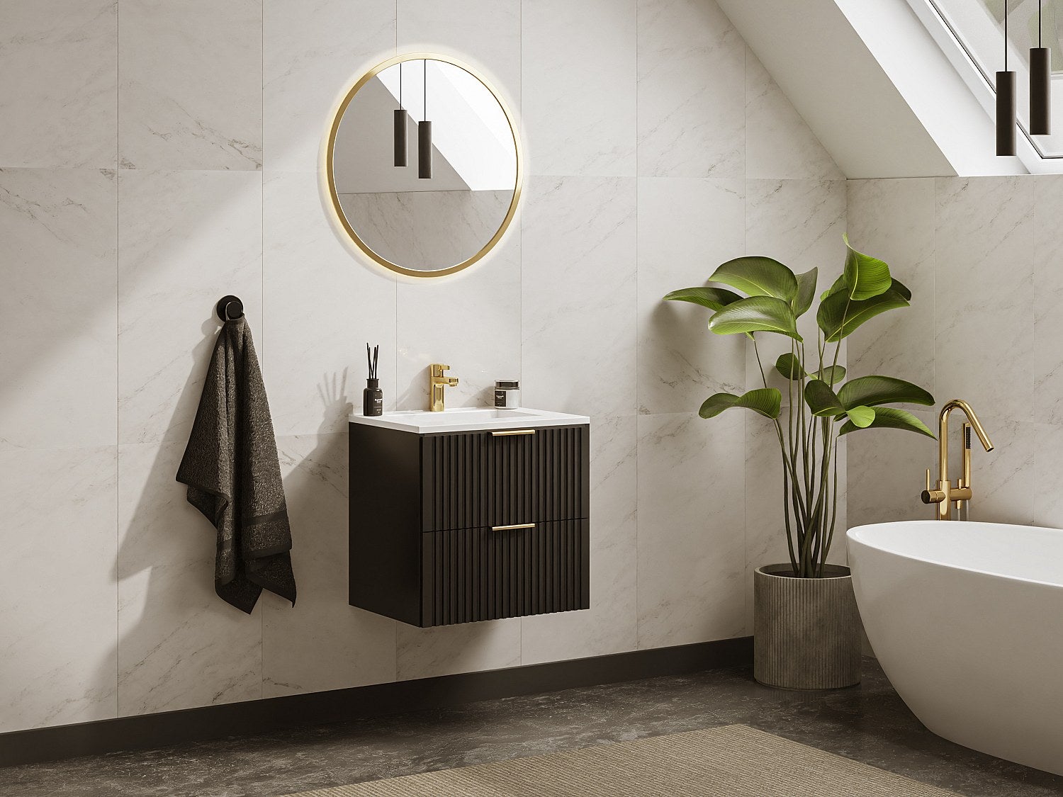 Szafka łazienkowa wisząca ryflowana z umywalką wpuszczaną w blat - Czarny - 60 cm - ZEVARA