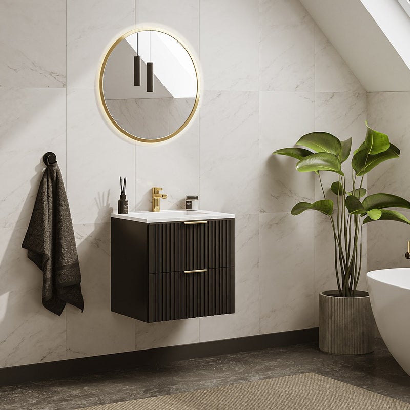 Szafka łazienkowa wisząca ryflowana z umywalką wpuszczaną w blat - Czarny - 60 cm - ZEVARA