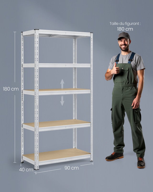 Étagère de Rangement Charge Lourde, Lot de 2, Étagère de Garage 40 x 90 x 180 cm, Capacité de Charge Jusqu’à 875 kg,Tablettes Réglables, Argent - 5