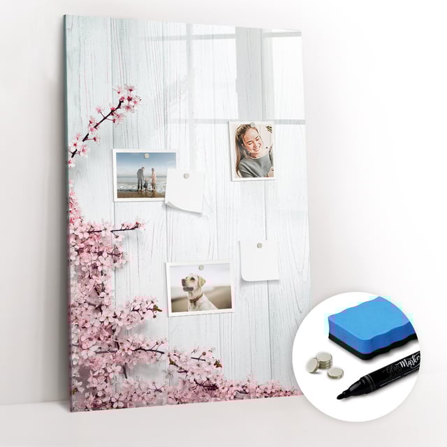 Lavagna Magnetica Murale, Tulup - 60x90 cm - Fleurs sur bois, 5 magneti, una spugna, un pennarello nero