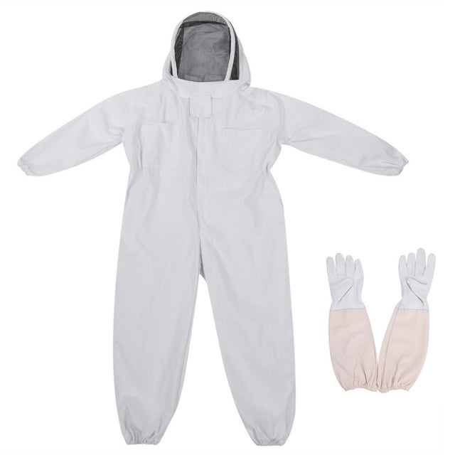 Conjunto de macacão espacial branco com proteção contra abelhas + luvas de pele de carneiro (G)