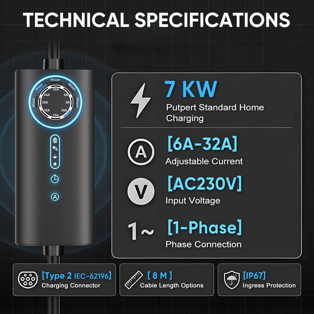 Carregador portátil para veículos elétricos JUNSUN 7kW – 32A monofásico, cabo 8m Tipo 2, IP67, corrente ajustável 6-32A, carregamento programável - 8