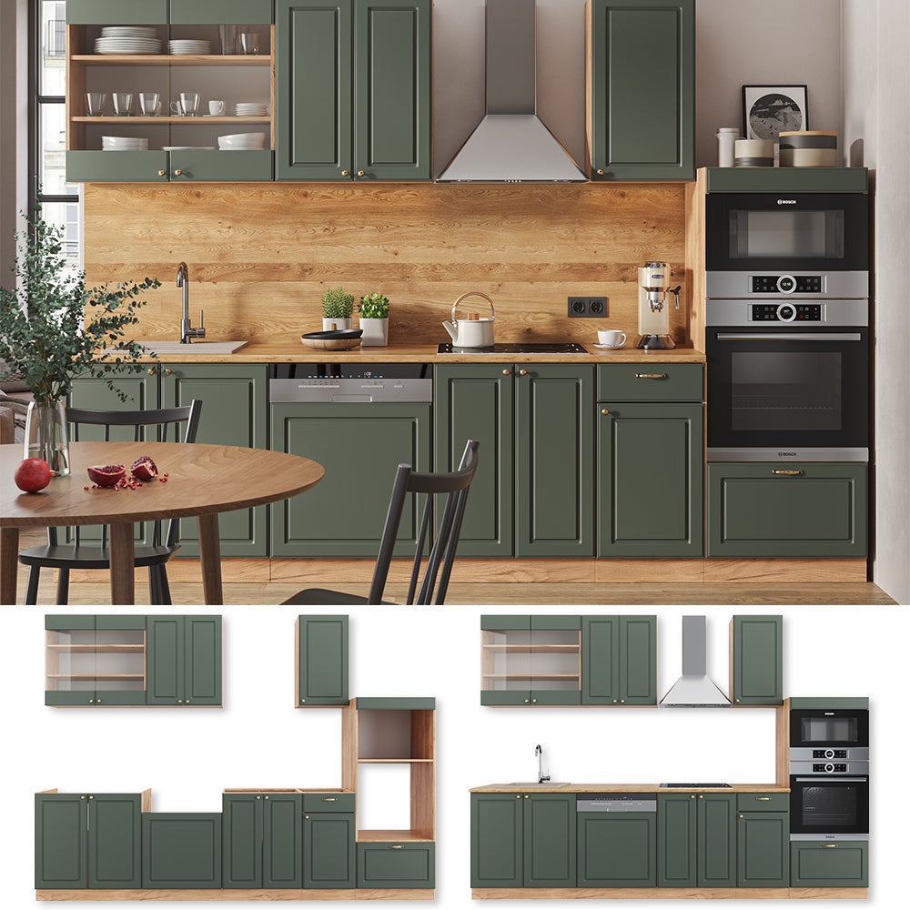 Vicco Cucina componibile Fame-Line, Quercia verde-oro Country/oro Power, 300 cm con armadio alto, senza piano di lavoro - 5