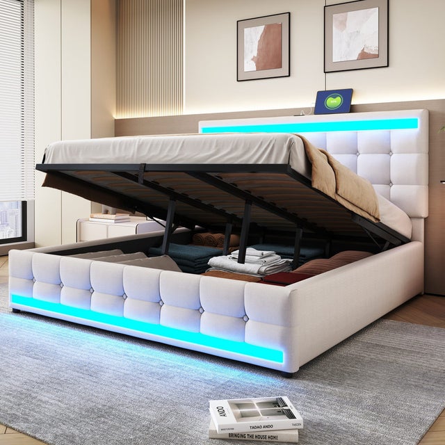 Letto matrimoniale imbottito 180x200 con rete a doghe e contenitore, letto imbottito per adulti con porta USB e striscia luminosa a LED, lino beige