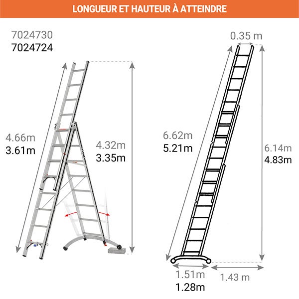 Echelle transformable 3x8 barreaux - Longueur déployée 5.21m - 7024724 - 2