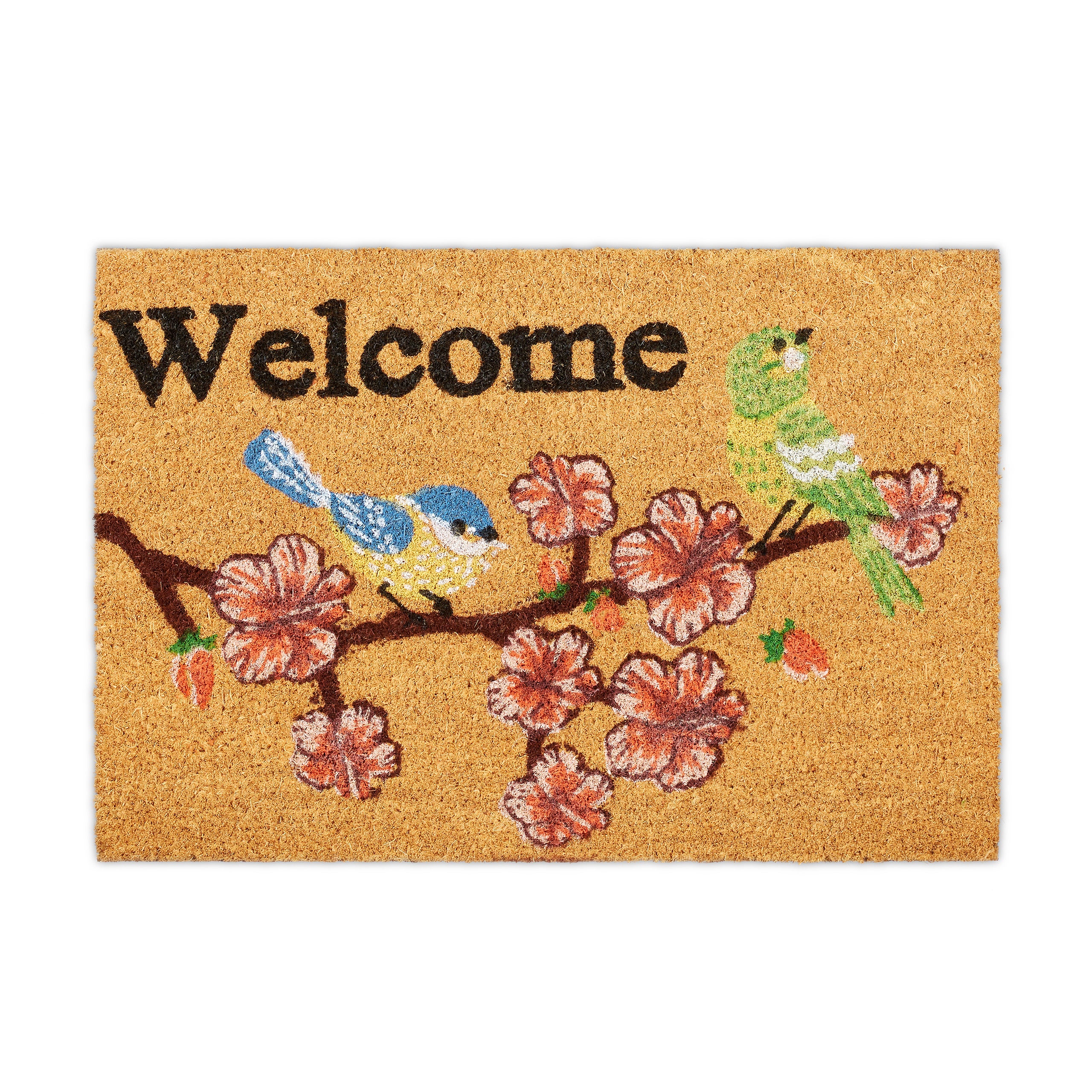 Relaxdays felpudo coco welcome, estampados pájaros y flores, alfombrilla entrada, interior y exterior, 40x60 cm, natural