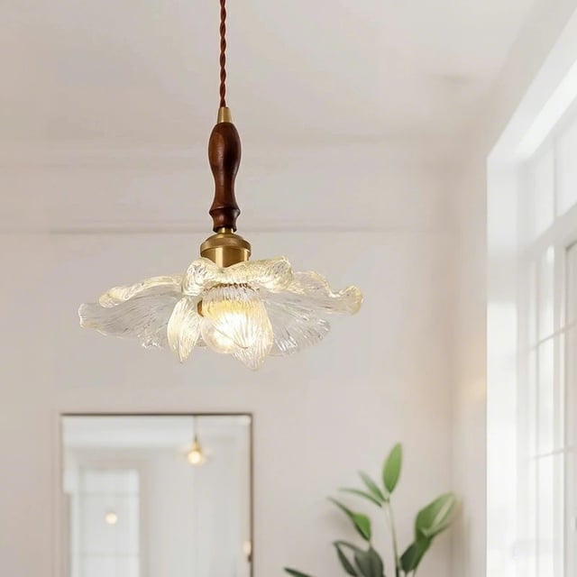 Retro francuska lampa wejściowa w kształcie kwiatu, żyrandol gardenia, [przezroczysty + orzech], światło trójkolorowe, 220 V, gniazdo E27