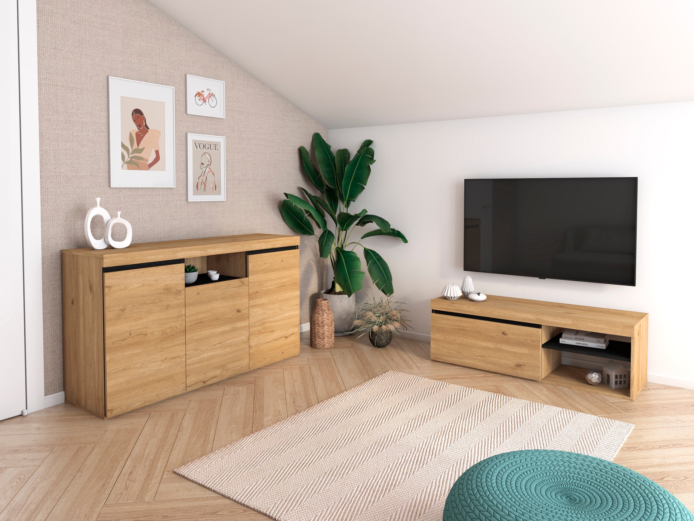 Ensemble Naturale Buffet-Meuble TV 120 couleur Chêne et Noir - 5