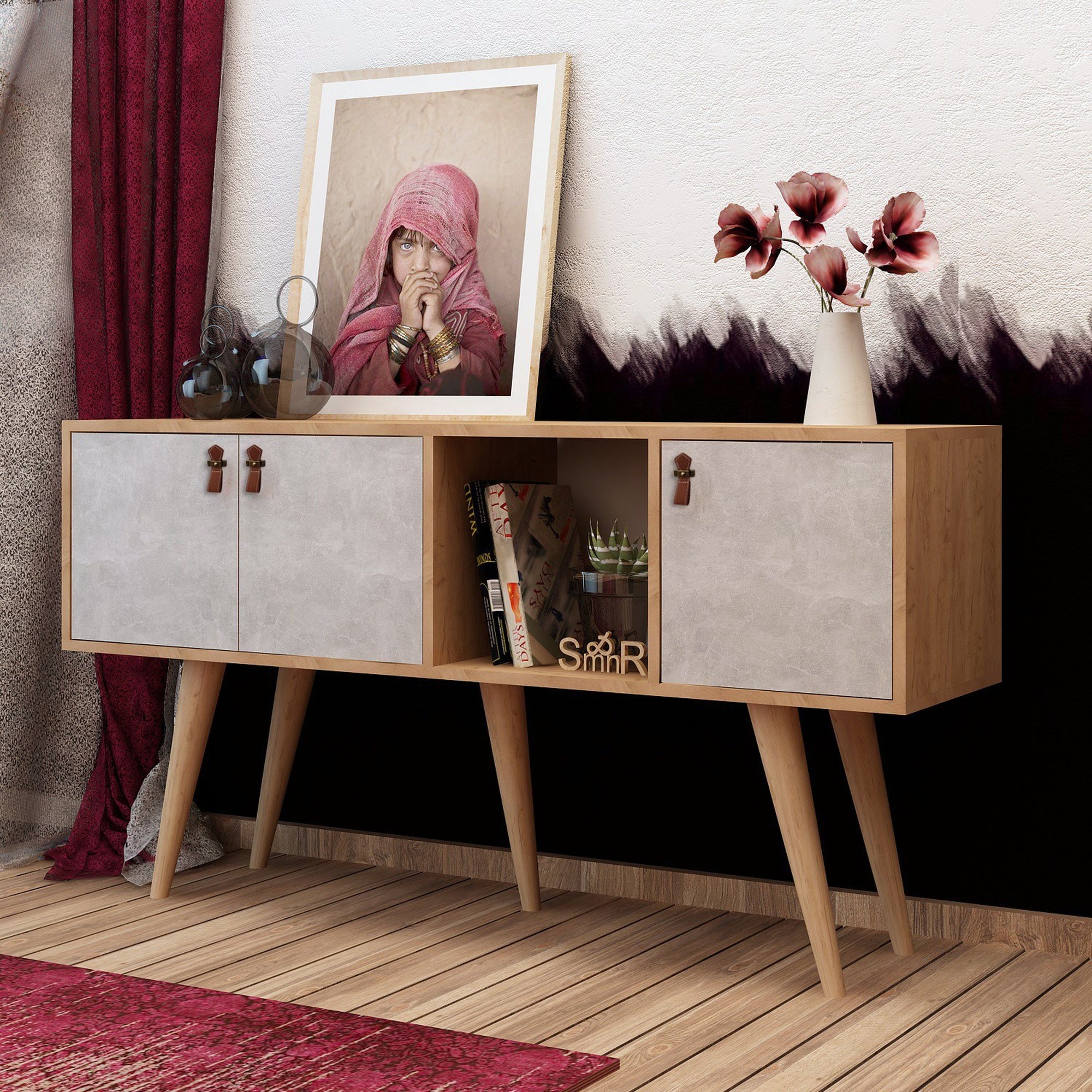 Console, tavola agglomerata al 100% respinto in melamina, colore quercia bianco - 4