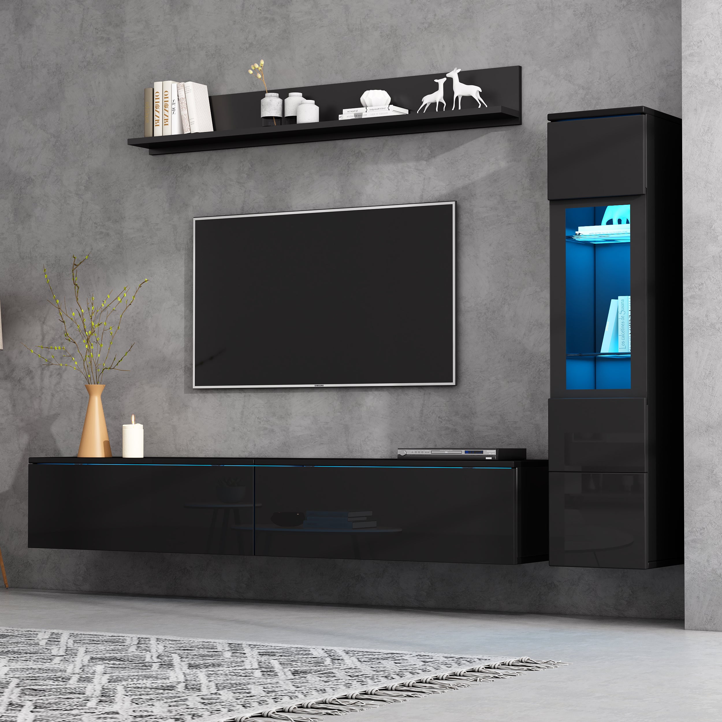 Merax  Conjunto De Mueble De Tv De Pared Y Vitrina De Salón, Led, Tablero De Partículas, Brillante Negro , Leroy Merlin