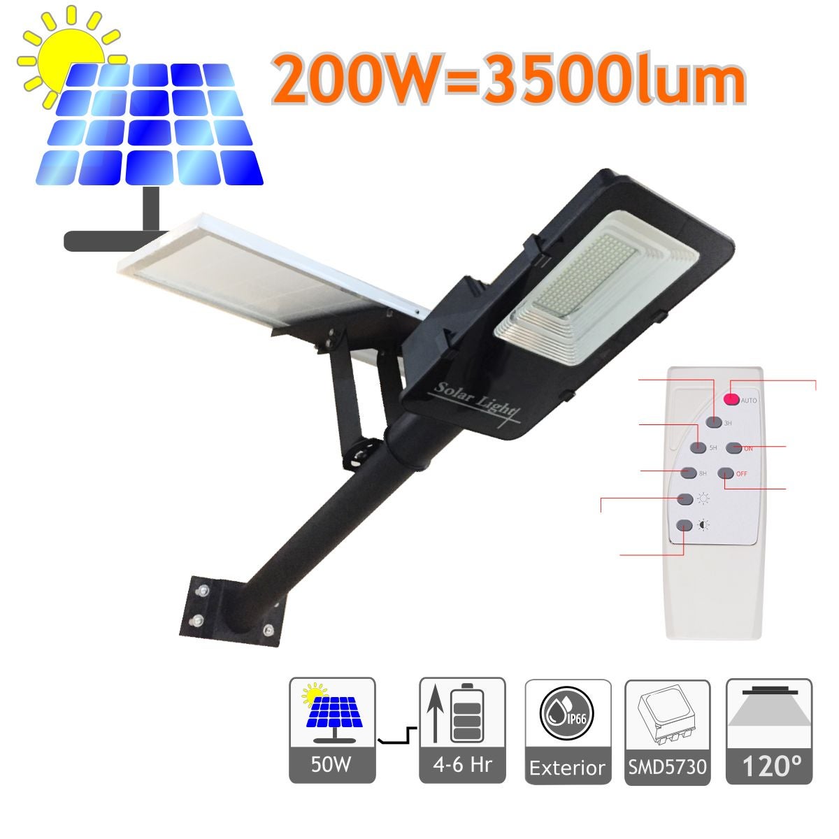Solar LED Street Light 200W Outdoor IP65, 120 LEDS 3500 Lumenów, 6000K Cool White, bateria litowo-jonowa, pilot zdalnego sterowania