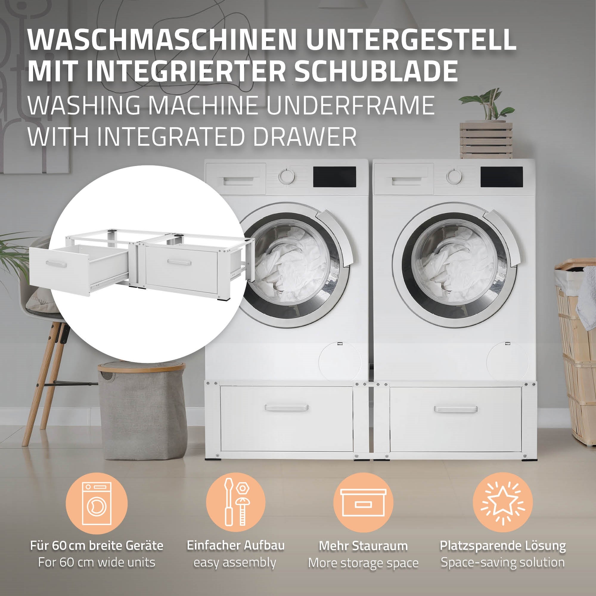 Socle machine à laver double avec tiroirs base sèche-linge blanc 150 kg/support - 2