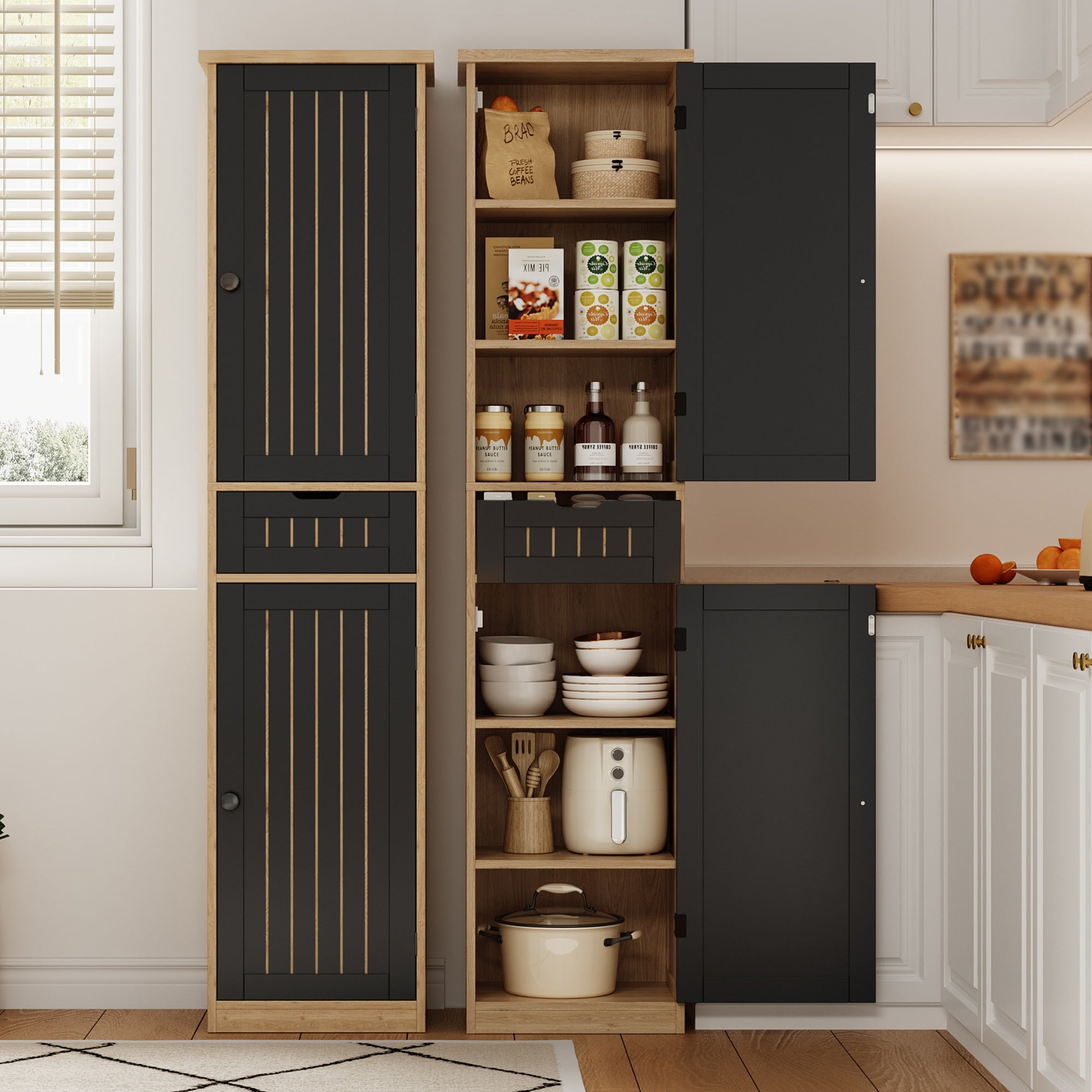 Colonne de rangement avec 2 portes, 1 tiroir et 4 étagères réglables, buffet de cuisine - 40 x 30 x 170 cm - MDF - Naturel + noir - 9