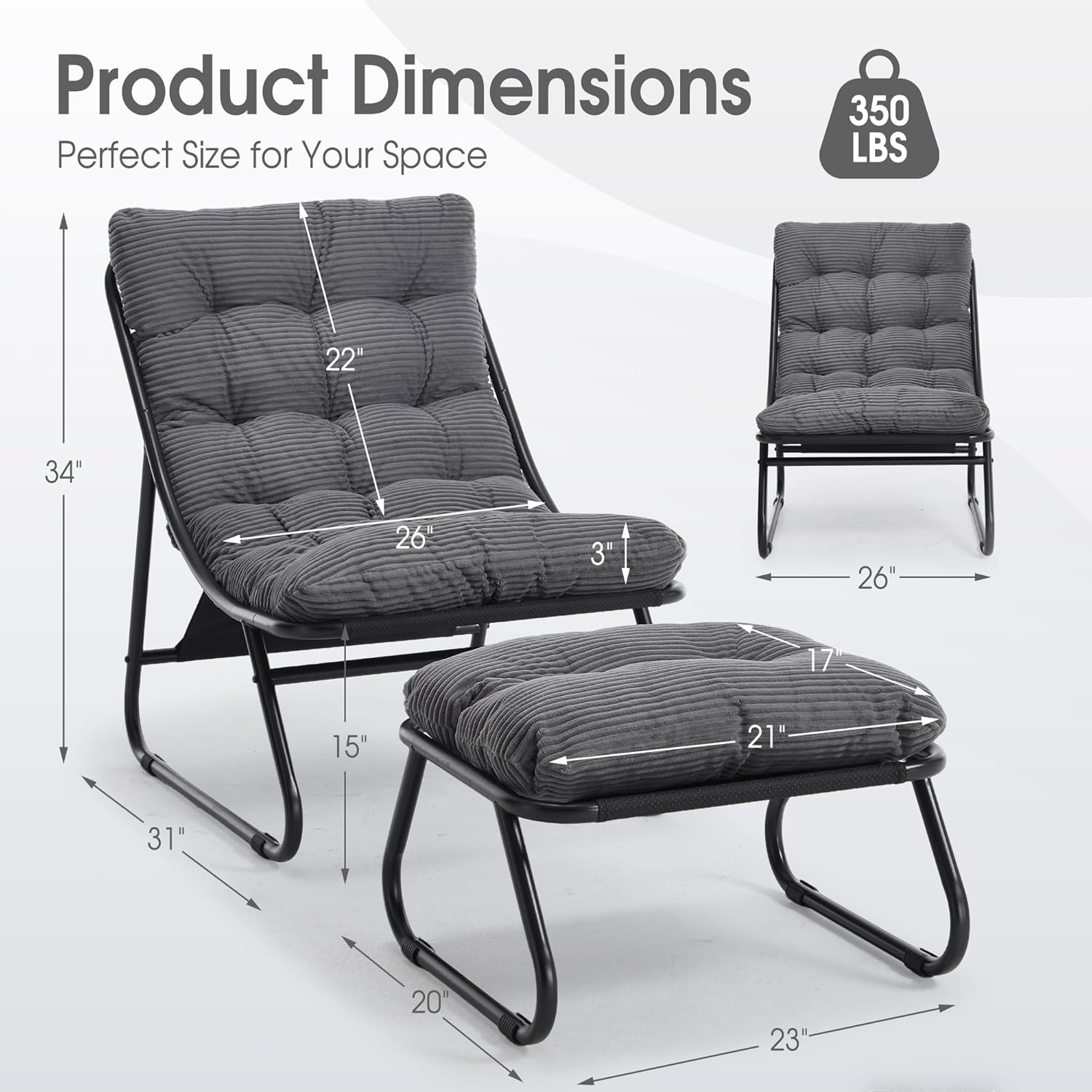 Fauteuil extérieur en acier avec coussin, pouf offert, chaise de jardin moderne pour terrasse et balcon - 6