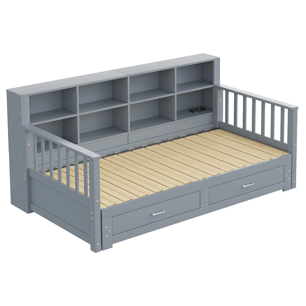 Lit combiné lit extensible bois massif 90/180x190 cm armoire de rangement avec 2 tiroirs en pin gris - 10