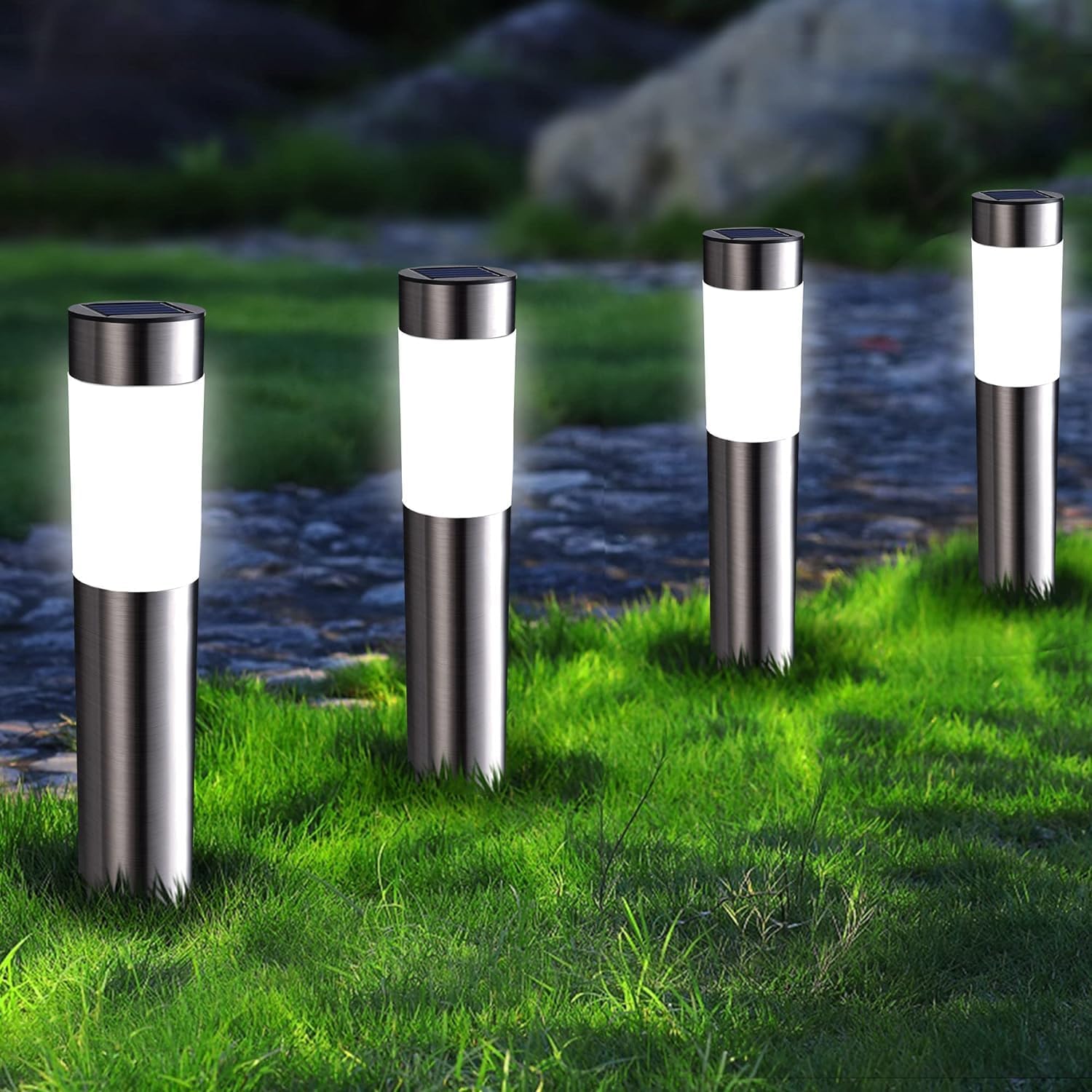 Zestaw 4 lamp ogrodowych solarnych, cylindrycznych, ze stali nierdzewnej, wodoodpornych, z automatycznym włączaniem/wyłączaniem