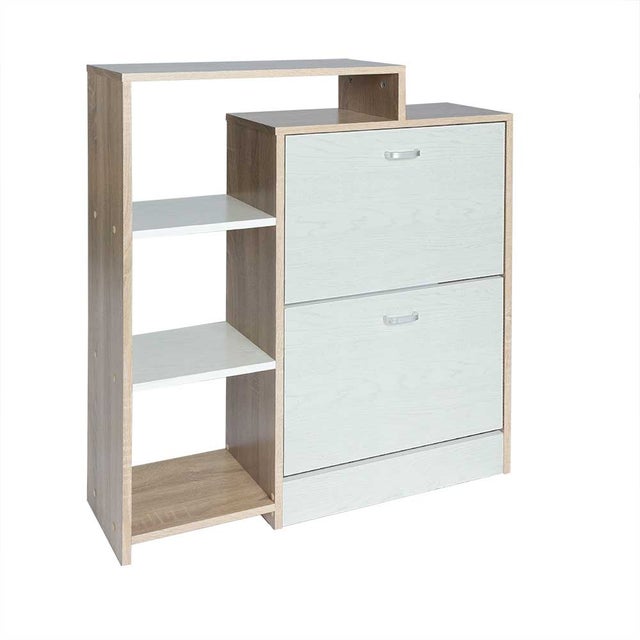 DUPI Zapatero con Estantería AITANA | 2 Puertas Oscilantes | 4 Baldas para 20 Zapatos | Madera Aglomerado | 2 Cajones | Taupe-Blanco