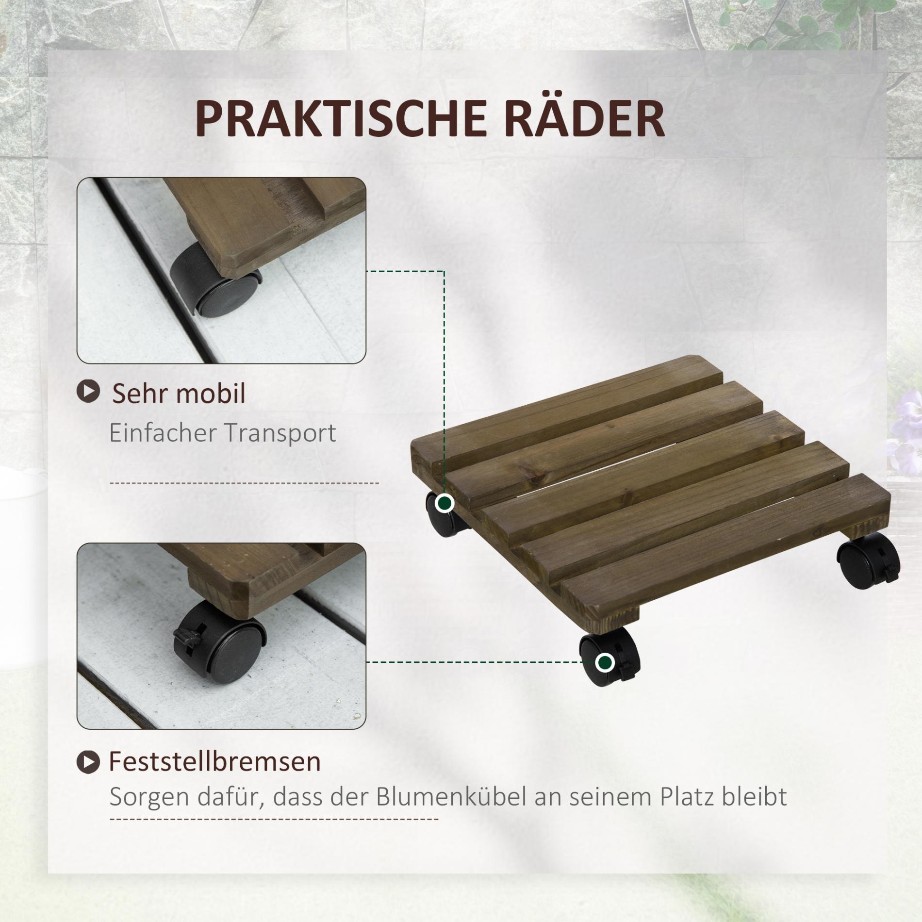 Set 2 Carrelli Piante Legno Marrone 30x30cm Esterno Interno con Ruote Girevoli freno 50kg Portavasi Supporto Mobile - 4