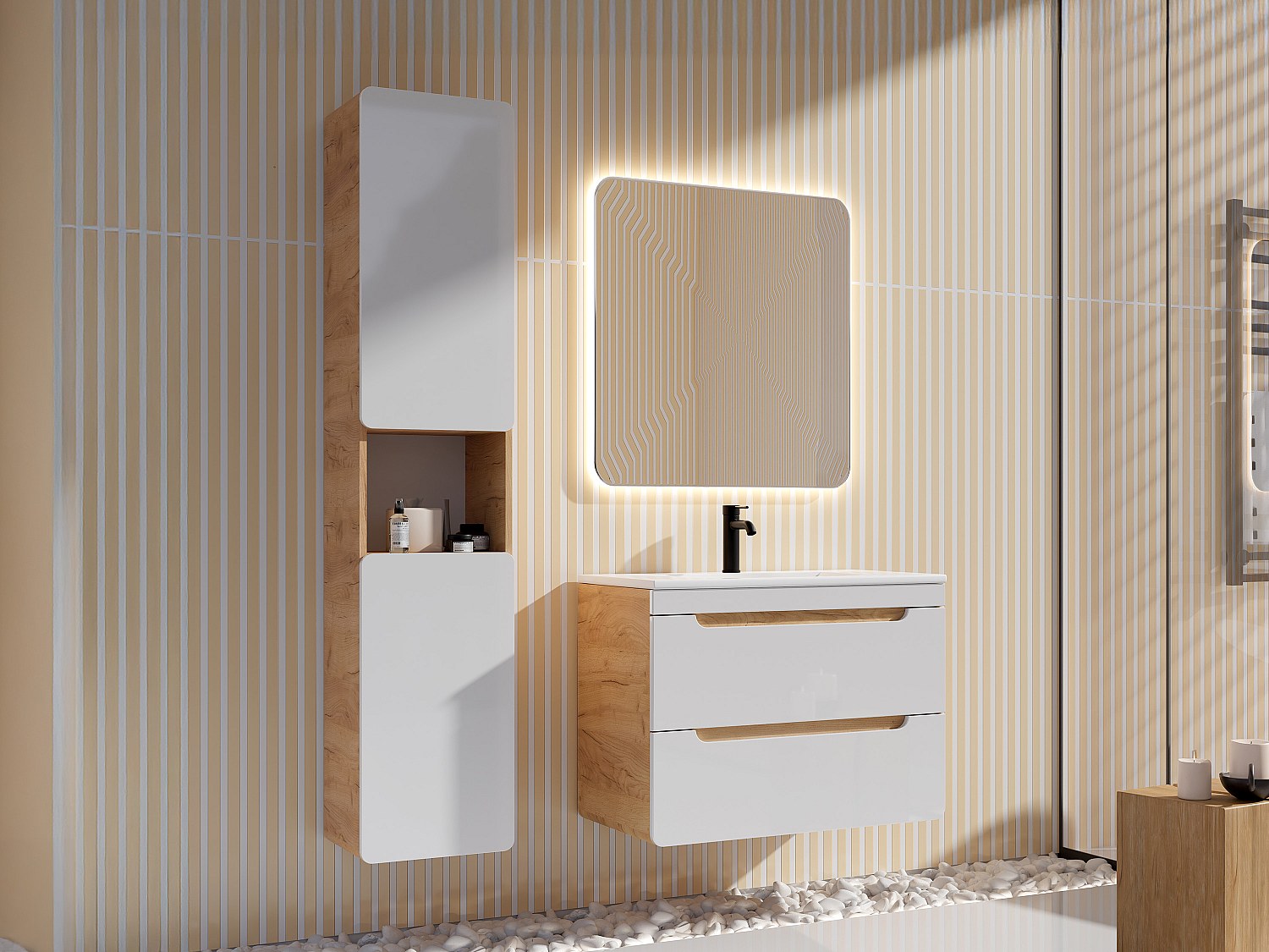 Szafka łazienkowa wisząca z umywalką wpuszczaną w blat i słupkiem - Naturalny i biały - 80 cm - ARUBA