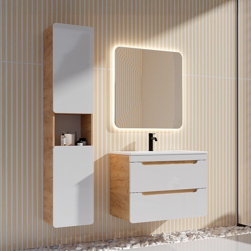 Szafka łazienkowa wisząca z umywalką wpuszczaną w blat i słupkiem - Naturalny i biały - 80 cm - ARUBA