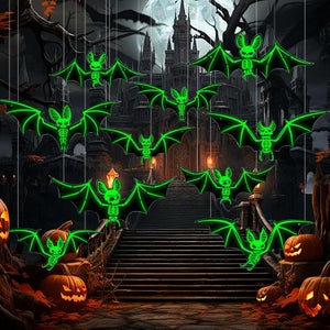 Décoration Halloween, 12 Pièces Halloween Chauve Souris Lumineux, Chauves-Souris Fluorescente Suspendues d'halloween en PVC Étanche pour Deco d'halloween Interieur Exterieur