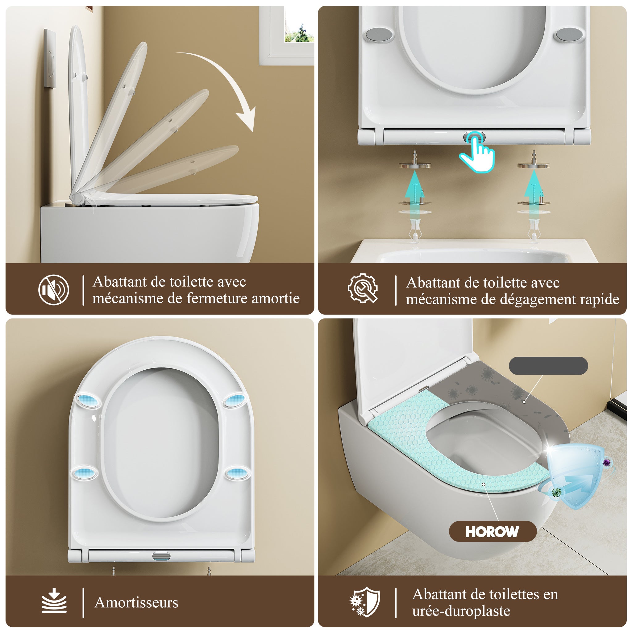 HOROW WC Suspendu sans bride Céramique, toilettes suspendues avec abattant, Conception de chasse d'eau à double orifice à 360° - 525 x 358 x 360 mm - 6