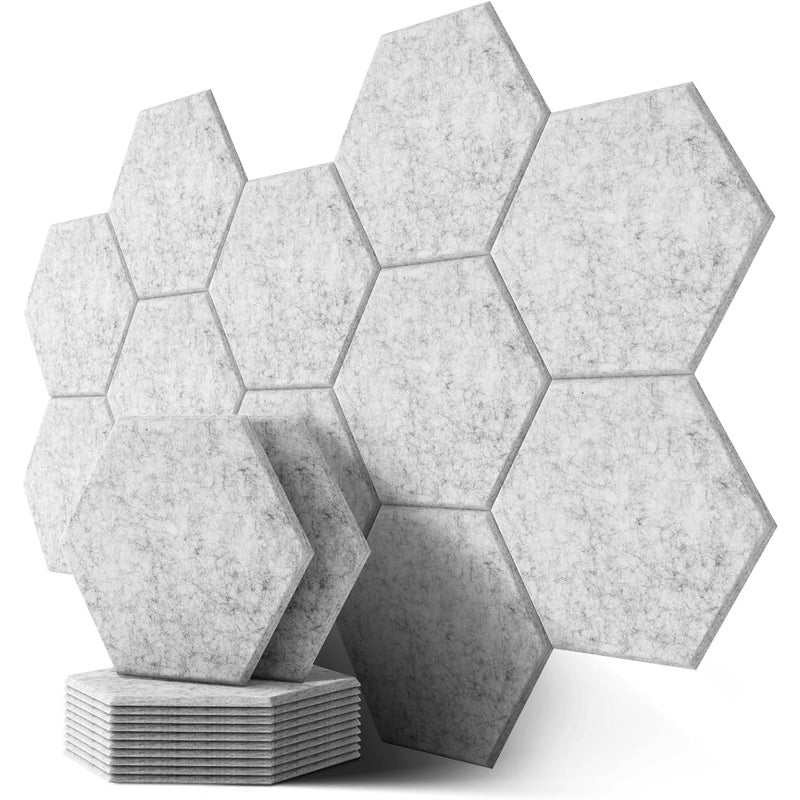 Opakowanie 12 samoprzylepnych paneli akustycznych sześciokątnych, w kolorze szarym, 30 × 26 × 1 cm, izolacja akustyczna o wysokiej gęstości do adaptac