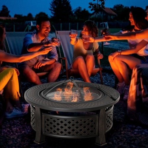 Brasero rond 81x81x50 cm en acier noir, 2-en-1 foyer extérieur et barbecue avec couvercle pare-étincelles et tisonnier