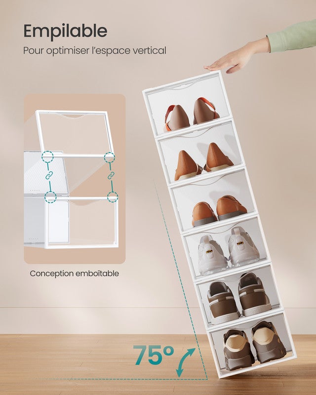 Boîtes à Chaussures, Lot de 18, Transparentes, en Plastique, avec Porte, Empilables, 33,2 x 23 x 14,5 cm, Transparent et Blanc - 6