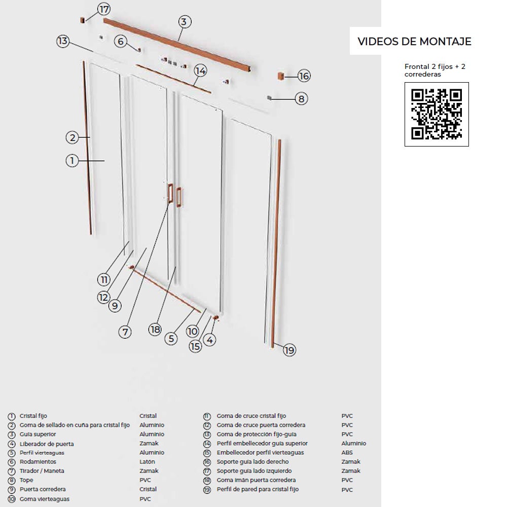 Mampara Douche Frontale 2 Fixes + 2 Portes Coulissantes | Verre Trempé 6 mm Anticalcaire | Profilé Or Rose brossé 180cm (adap. 176,1-181) - 4