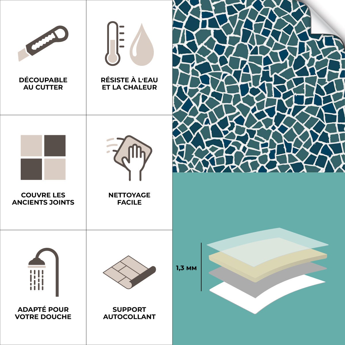 8 carreaux adhésifs 20x20cm Coralie / Mosaïque petit / bleu / pour douche, murs, sol, cuisine, salle de bain… - 3