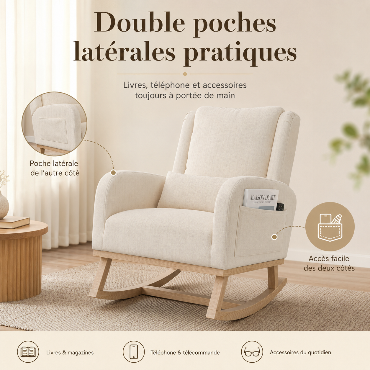 Rocking Chair avec Coussin Lombaire, Allaitement Fauteuil Avec Tapis Antidérapant et Accoudoirs, Chaise Loisir avec Pieds en E' Bois, Beige Lin - 4