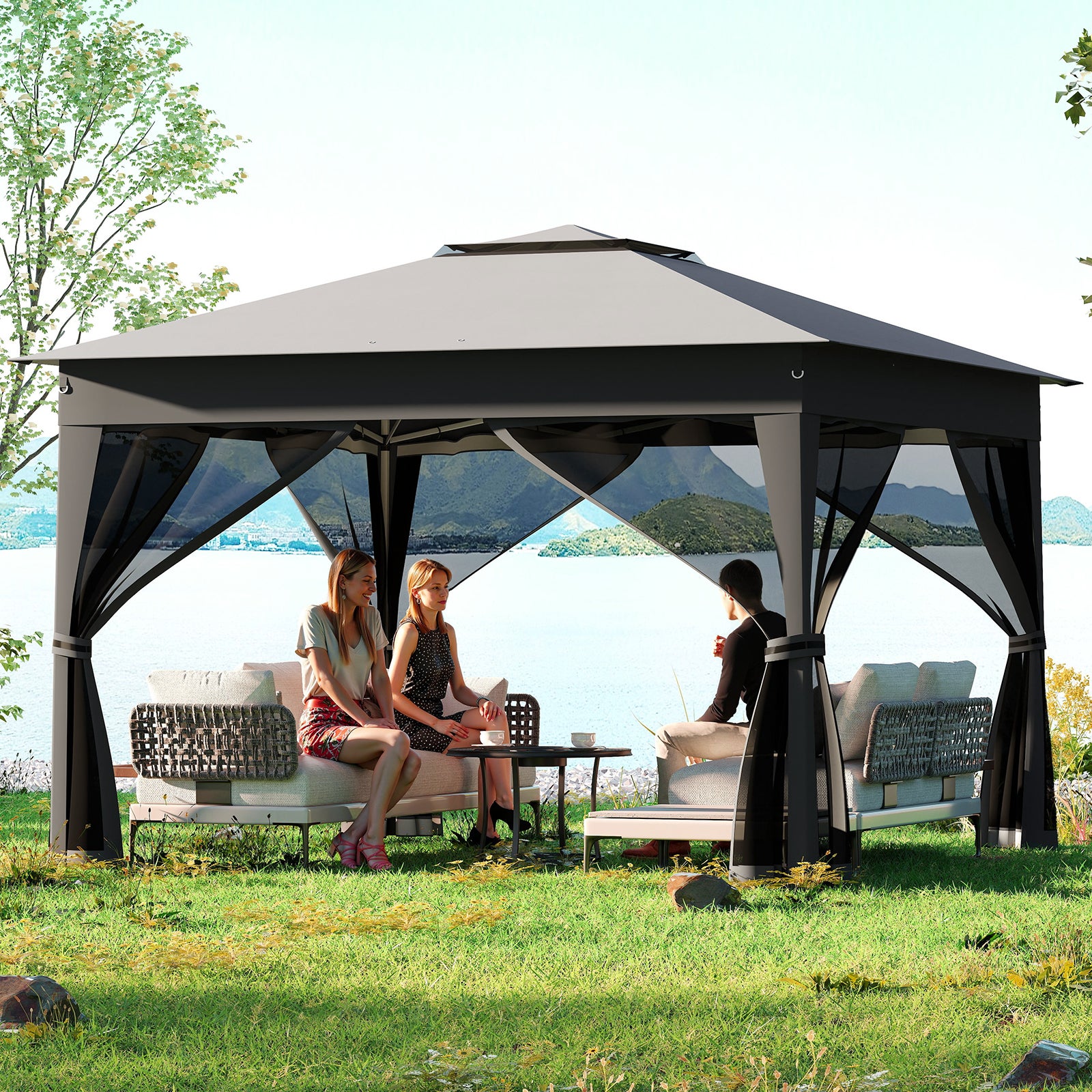 Tonnelle de Jardin 337 x 337 CM avec Filet en Maille 4 Côtés, Instantanée à Double Toit avec Sac de Transport Protection Solaire, Gris - 9