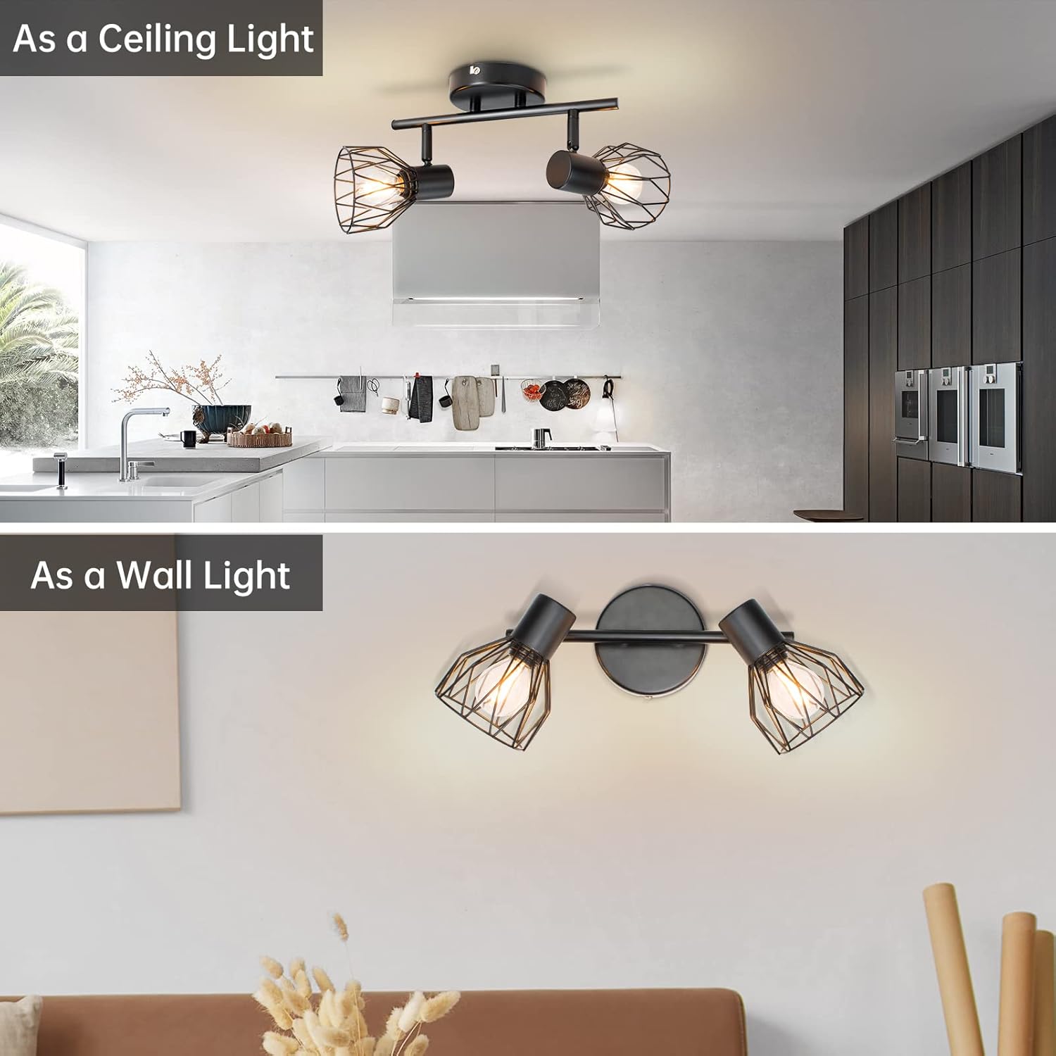 Reflektory sufitowe przemysłowe i czarne szyny oświetleniowe, lampa sufitowa z 2 regulowanymi reflektorkami LED z gniazdem, reflektory sufitowe, szyn - 5