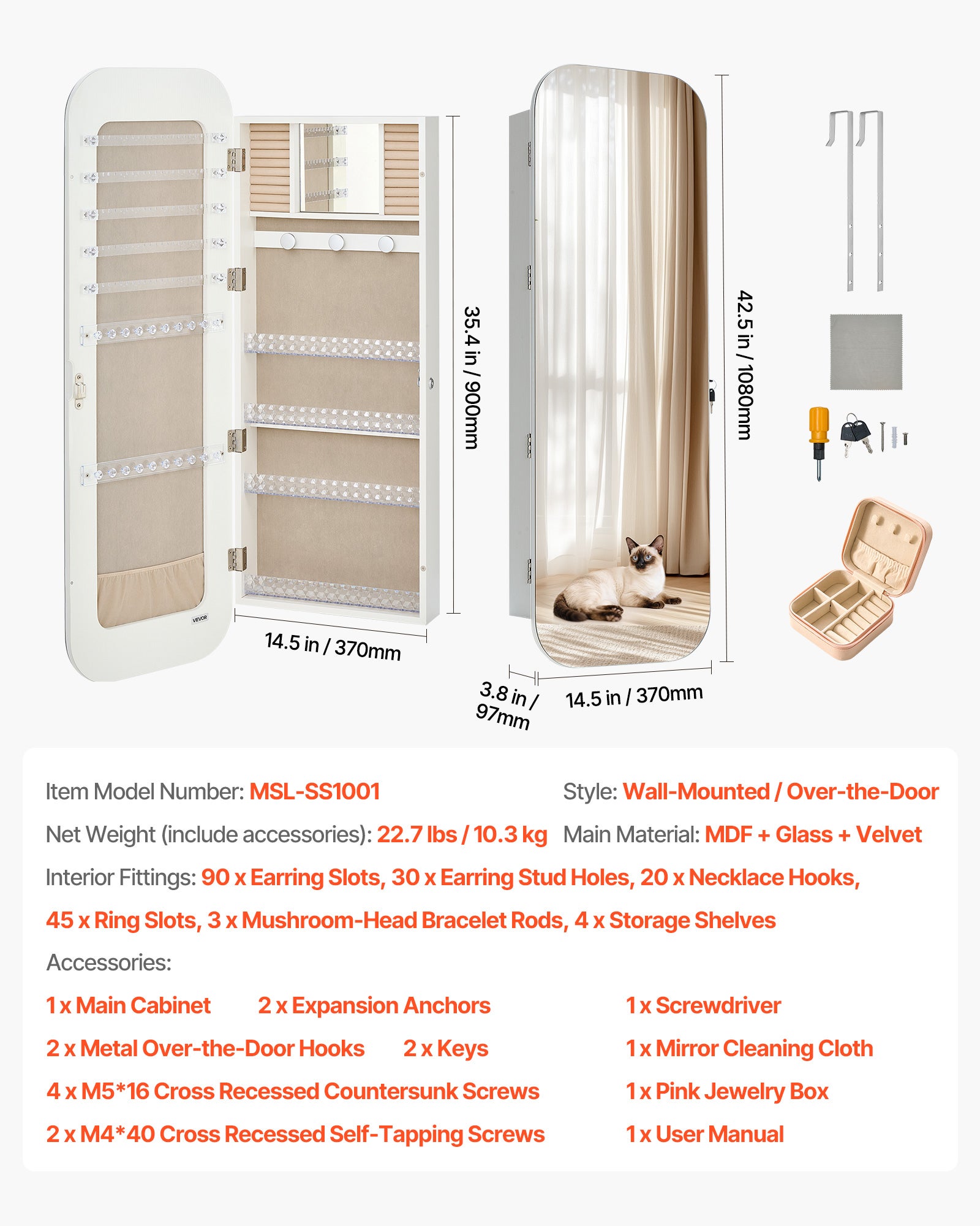 Armoire à Bijoux avec Miroir VEVOR 1080 mm, Organiseur Verrouillable Mural/Sur Porte avec 2 Clés & Compartiments de Rangement, Blanc - 7