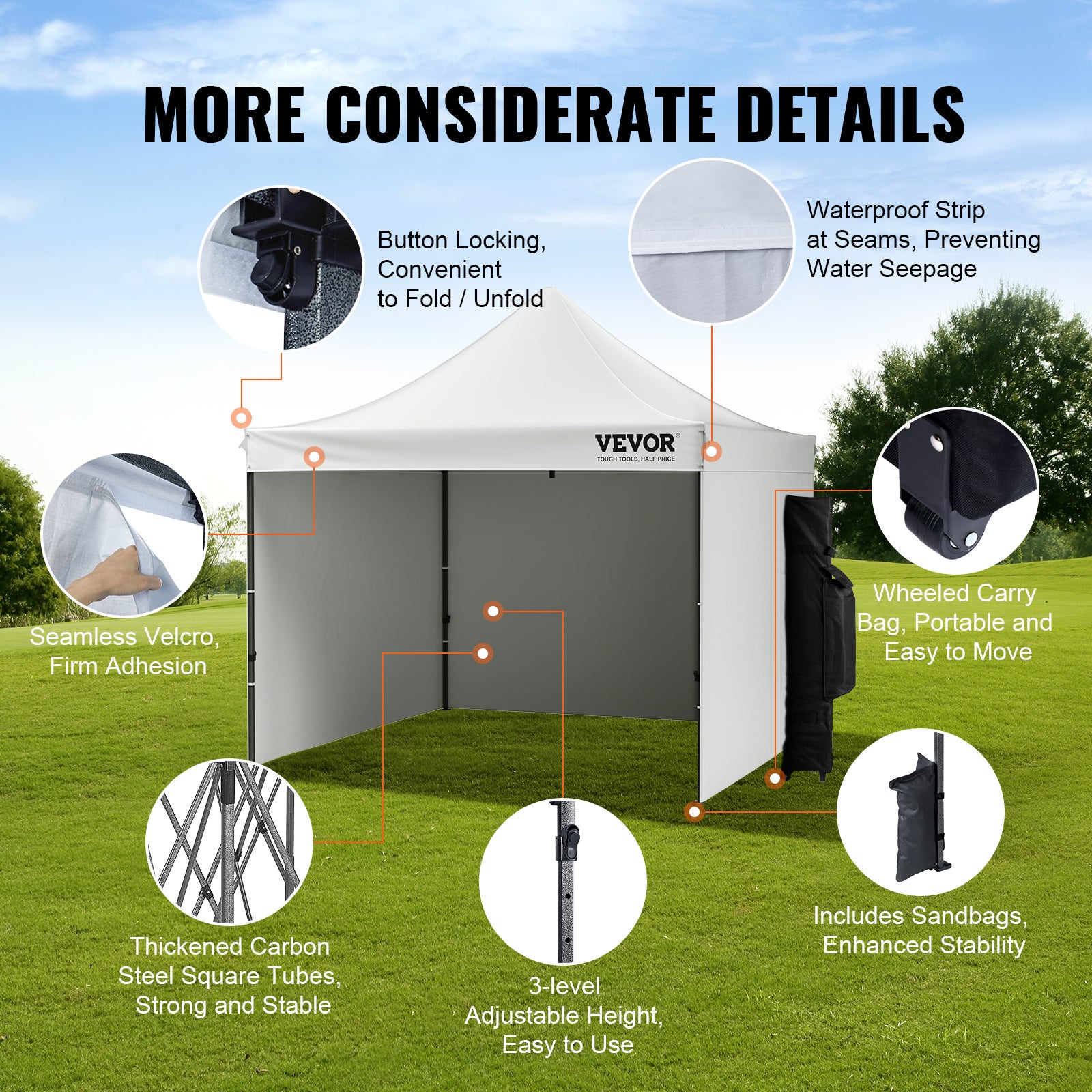 Tonnelle Pop-Up VEVOR 3x3 m avec Parois Amovibles, Imperméable et Résistante UV, avec Sac à Roulettes, Pour Jardin et Terrasse - 5