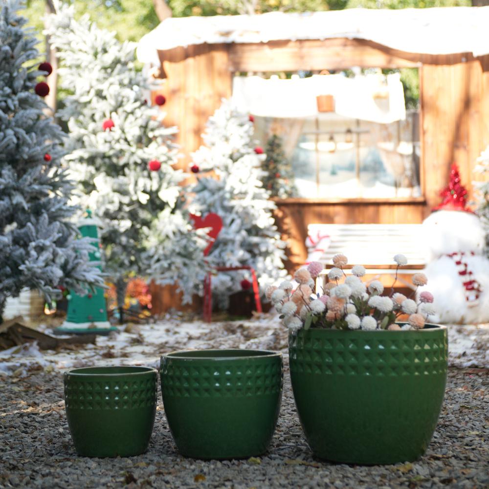 Set de 3 macetas de cerámica hechas a mano, patrón rombo verde, drenaje integrado, resistente interior/exterior Ø38/30/23 cm - 4