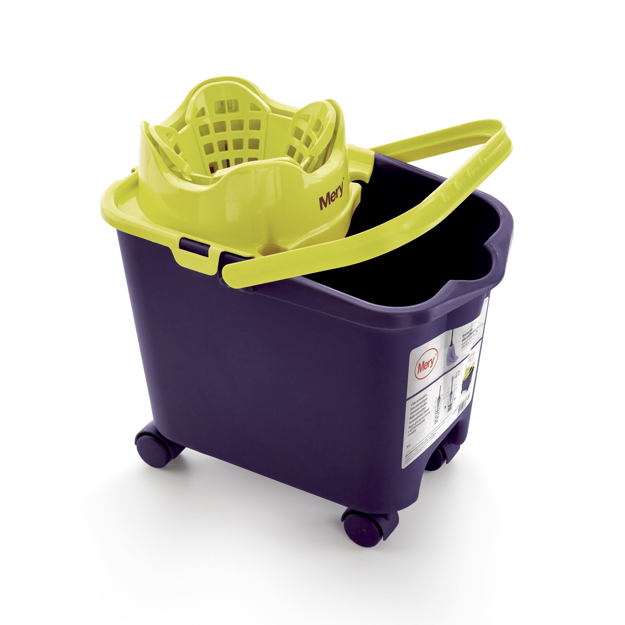 Mery, Set Cubo y Fregona Microfibra, Cubo Escurridor Automático y Ruedas, 14 L, Fregona Absorbente, Morado - 2