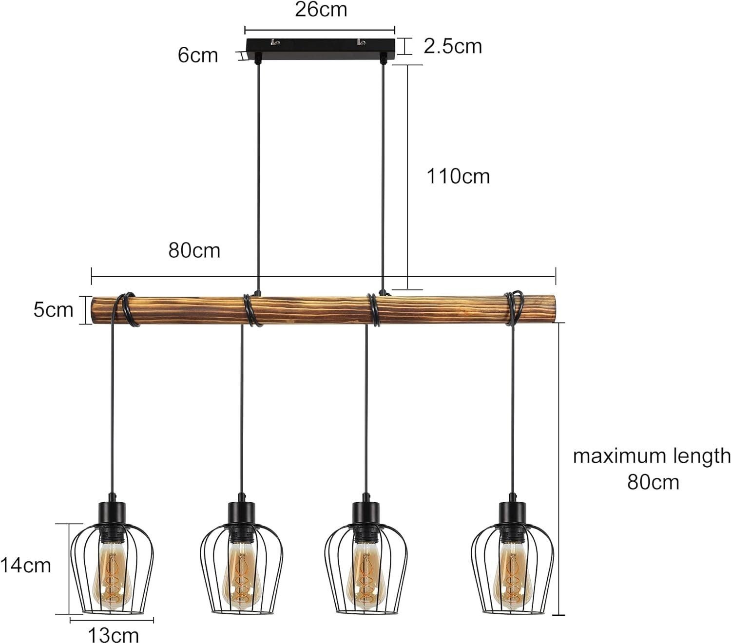 NETTLIFE Suspension rétro lampe à suspension vintage en bois industriel noir E27 - 6