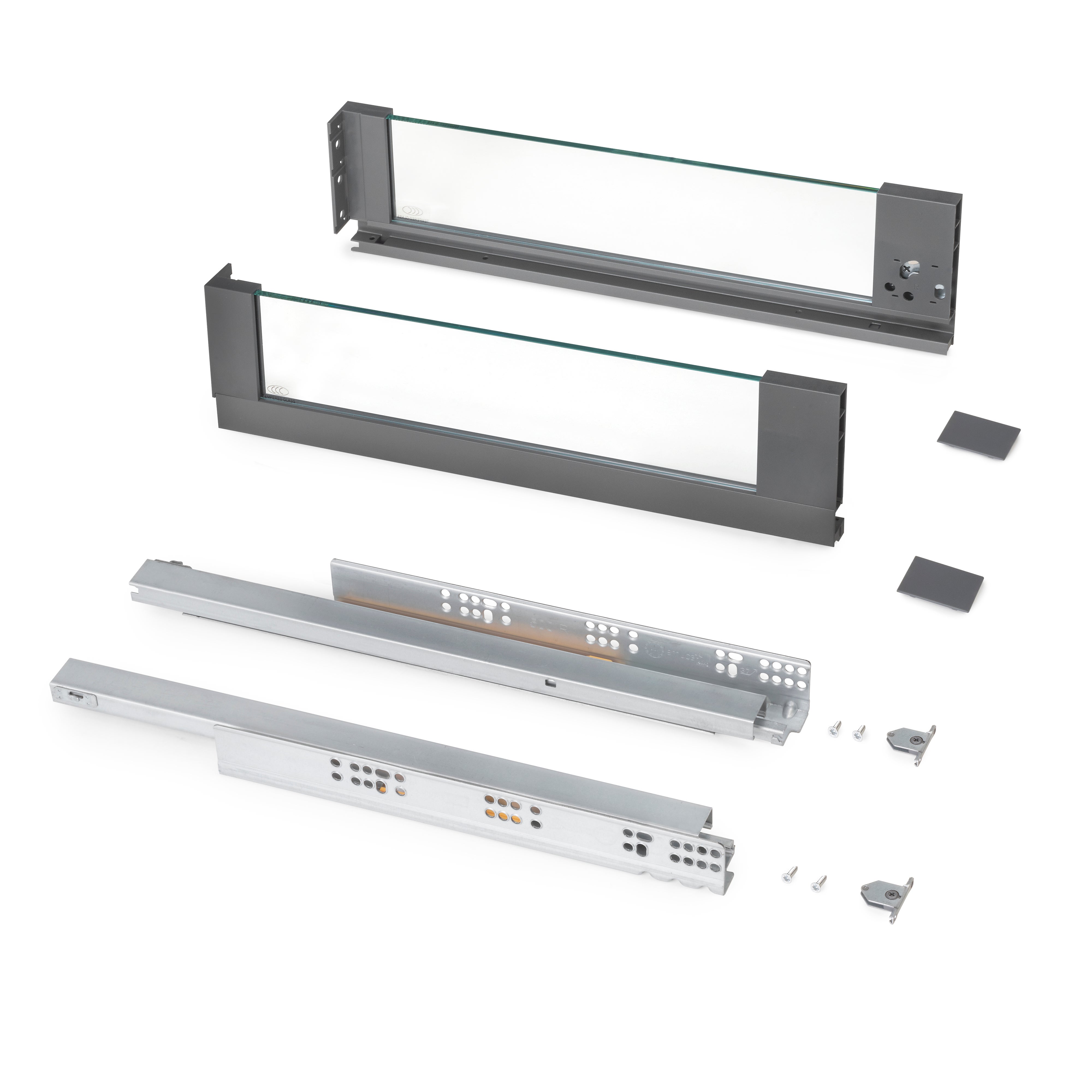 Emuca Szuflada zewnętrzna Vertex 40 kg, szklane boki, wysokość 131 mm, głębokość 450 mm, Stal, Aluminium i Szkło, Szary antracytowy