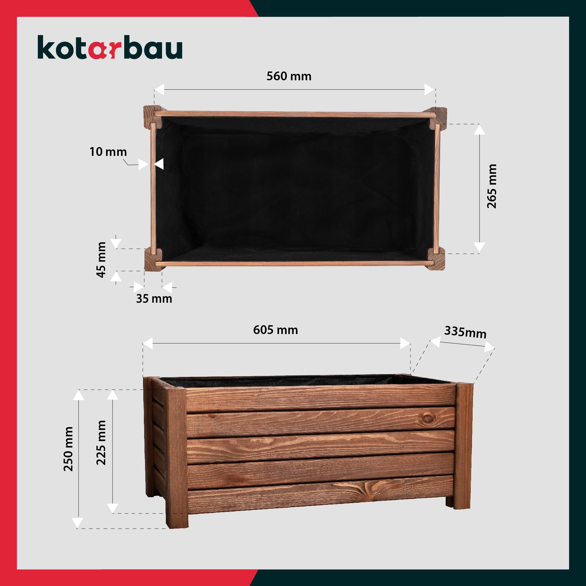 Pot de Fleurs en Bois 60 x 33 x 25 cm Jardinière en Pin Carbonisé Pot de Plantes Jardinière - Idéal pour Jardin Terrasse Balcon - Marron - KOTARBAU - 3