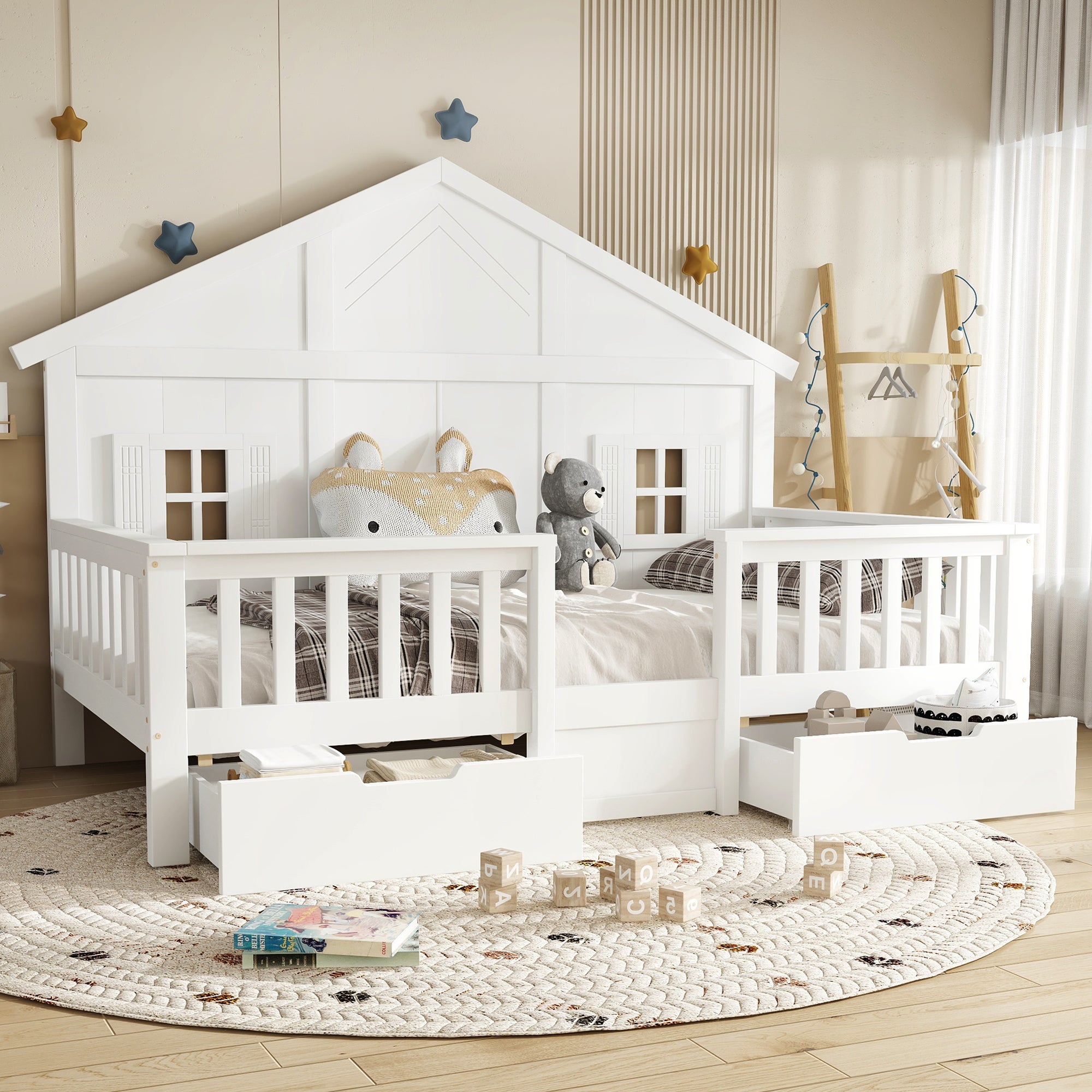 Łóżko dziecięce 90x200 cm - z 2 szufladami - z balustradami i oknami - lite drewno + MDF - Biały (bez materaca)