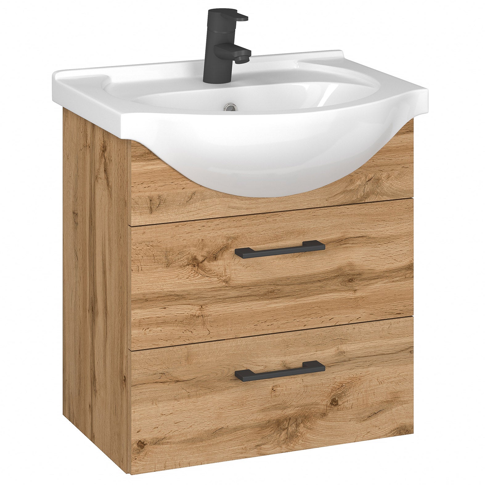 Zestaw 50 cm szafka dąb wotan czarne uchwyty z umywalką ceramiczną