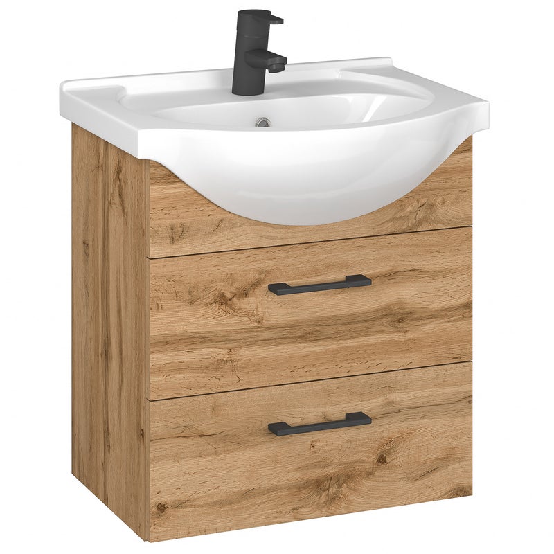 Zestaw 50 cm szafka dąb wotan czarne uchwyty z umywalką ceramiczną