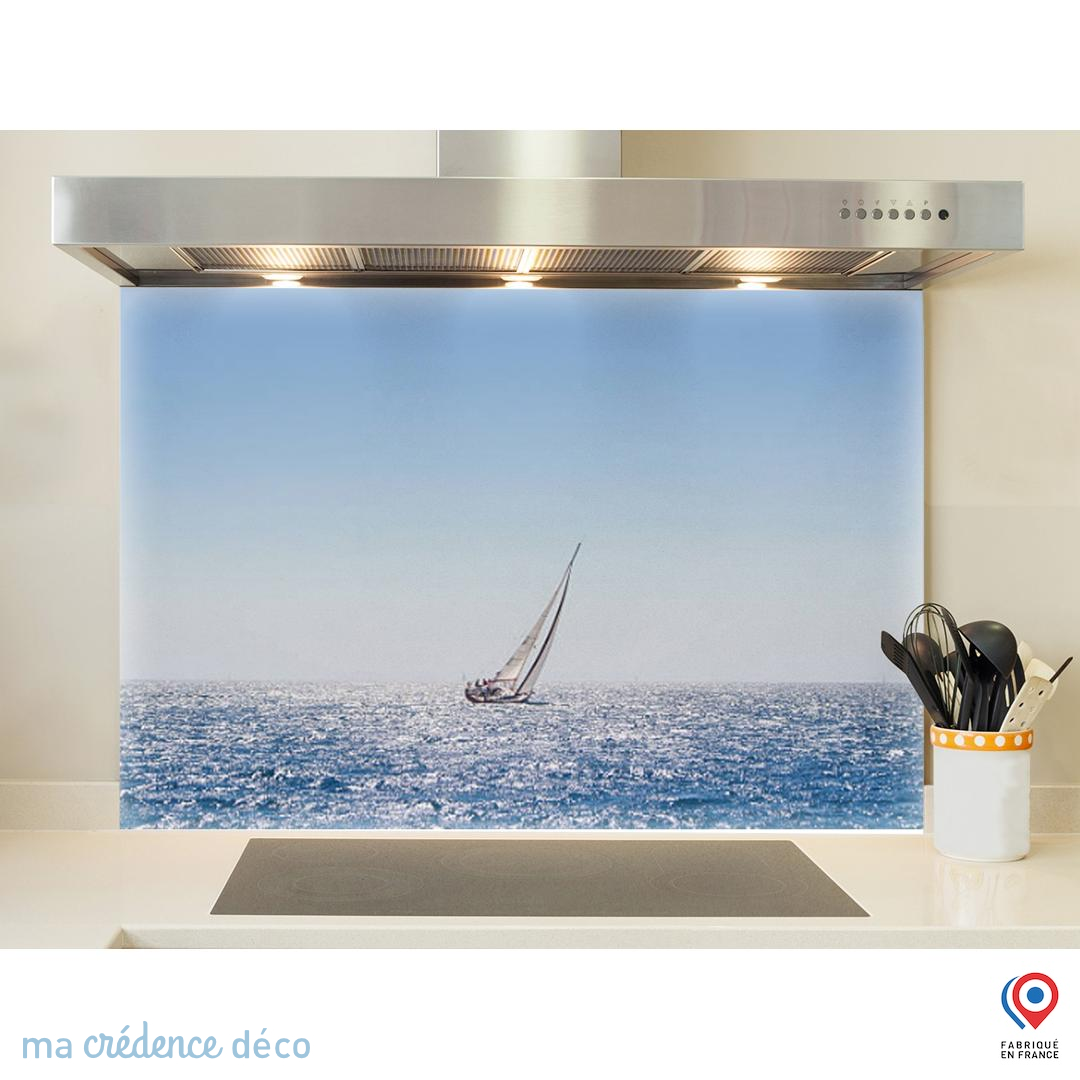 Crédence De Cuisine En Verre 125x50cm - Motif Paysage Bateau, Jaune Brun - Neuf