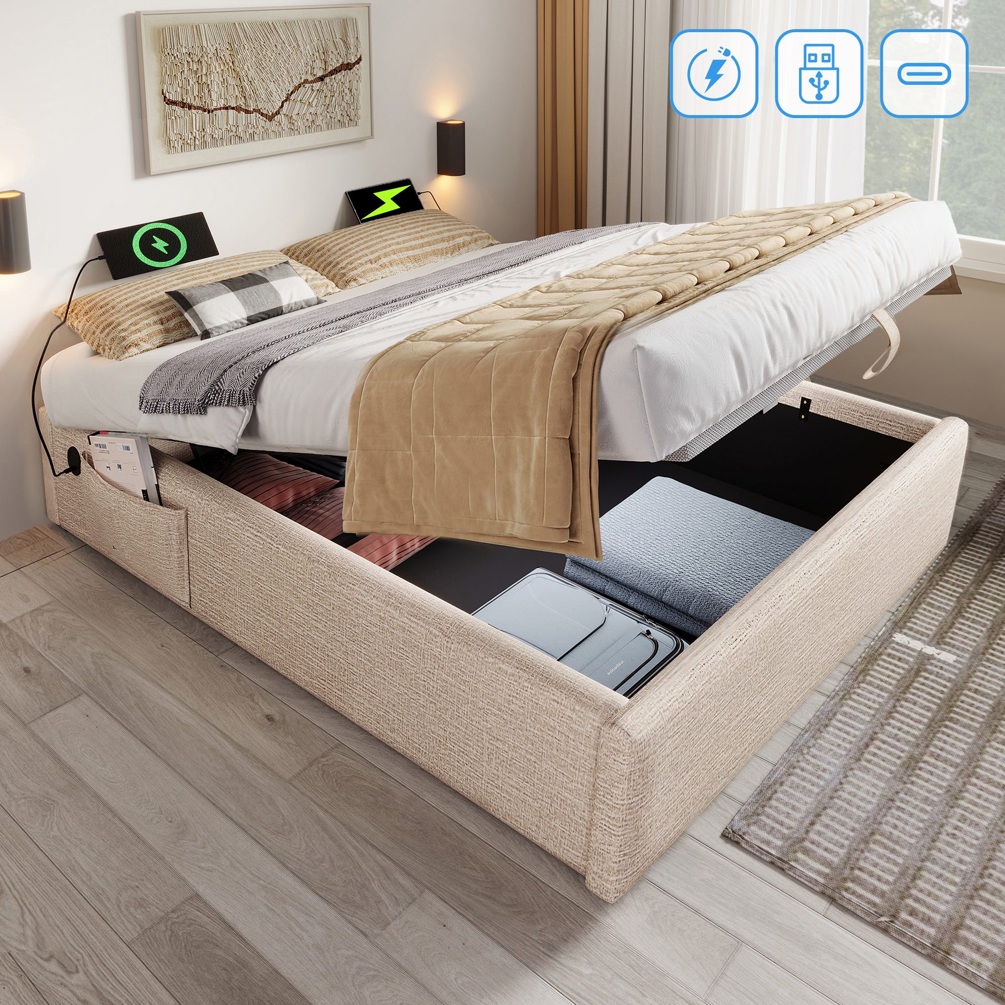 Lit 140 x 200 cm avec sommier et tiroirs,lit 2 personnes avec LED et USB,lit 140x200 avec sommier à lattes bois,velours beige - Maison Lit 140 x 200 cm avec sommier et tiroirs,lit 2 personnes avec LED et USB,lit 140x200 avec sommier à lattes bois,velours beige - Maison