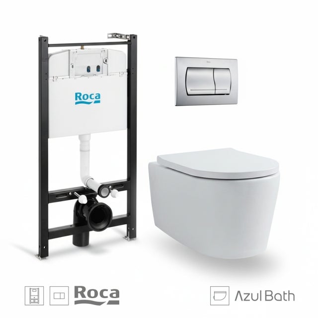 Bastidor empotrado ROCA Active Pack con cisterna y pulsador cromo mat, con inodoro suspendido tornado LIA blanco de AzulBath